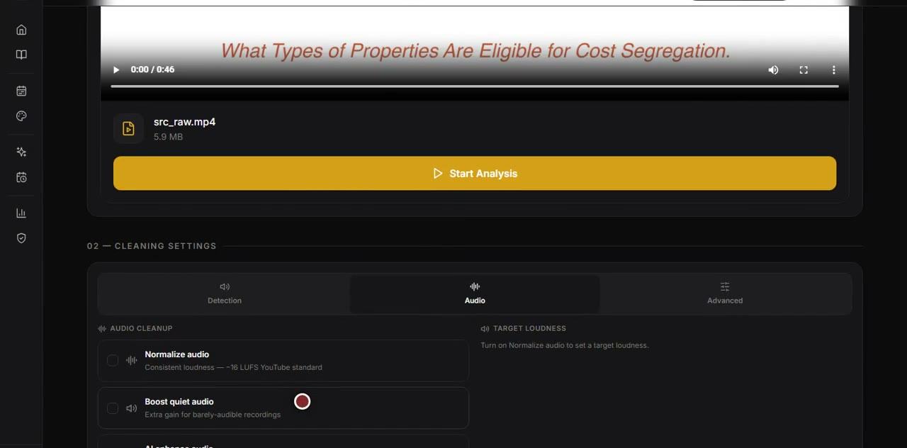 CleanCut detection settings: silence, filler words, breaths and retakes with a sensitivity slider