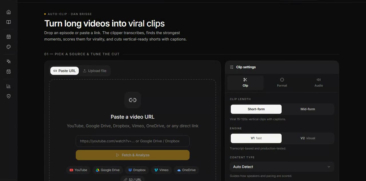 CleanCut clipper source step: paste a URL or upload, choose aspect ratio and audio treatment
