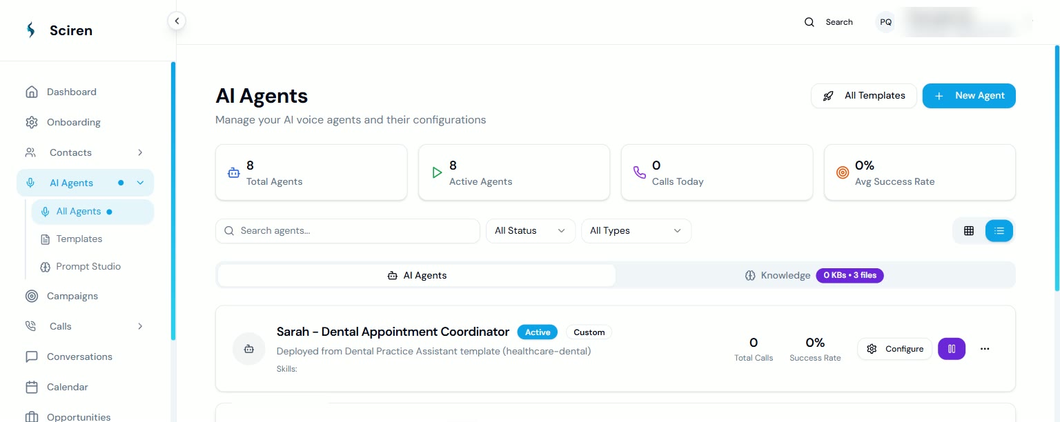 SCIREN agent roster showing configured voice agents and their success rates