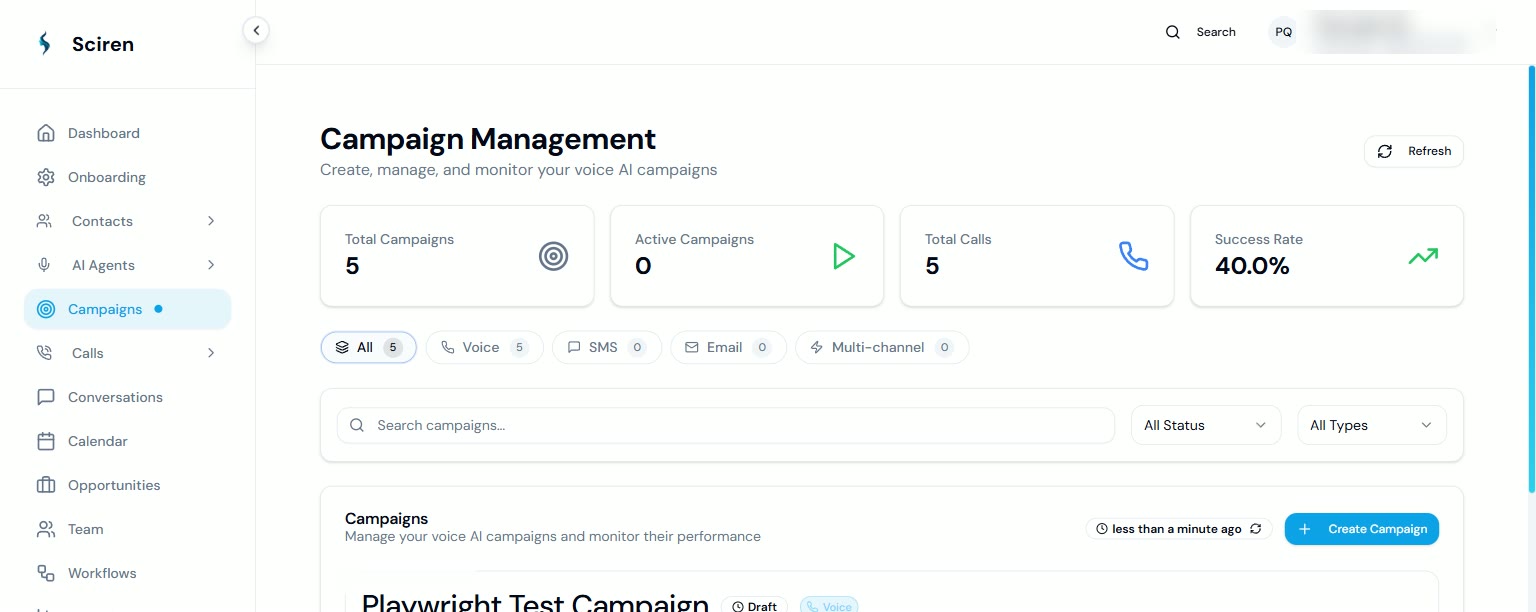 SCIREN campaign management screen with active campaigns and success rates